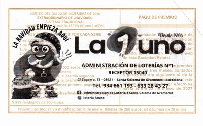 Reverso del décimo 56973 con el sello de la Administración nº 1 «La Uno», en Santa Coloma de Gramenet